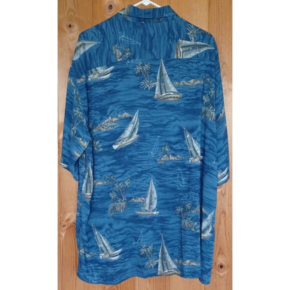 VTG Pierre Cardin Blue Cabana Shirt Mens XL Sailboat Palm Tree Hawaiian Beach - Picture 4 of 5
